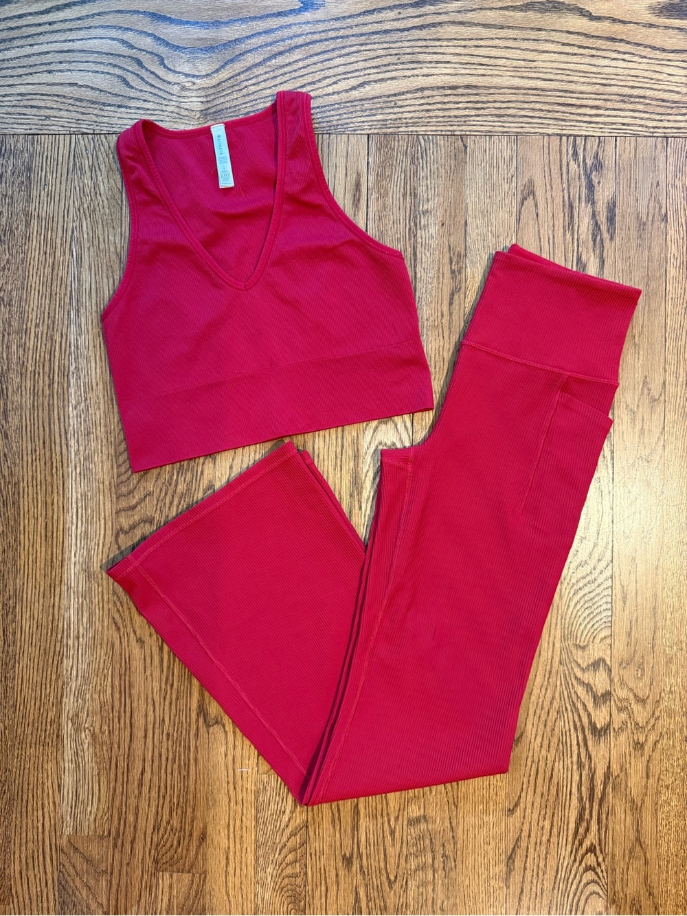 Athleta Bright Red Ribbed High-Waist Legging & V‑Neck Crop Top Set